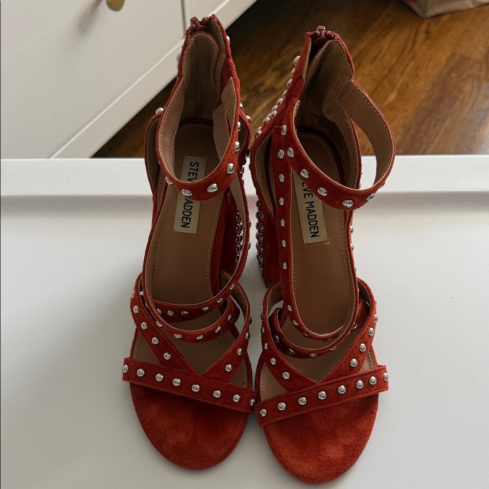 Steve Madden Orange Studded Suede Strappy Block Heels